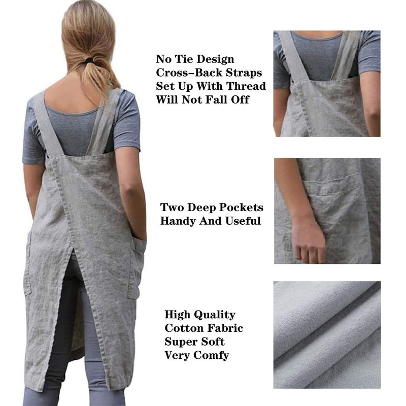 YESDOOD Cotton Linen Apron Cross Back Apron for Women with Pockets Pinafore Dress for Baking Cooking - Image 3